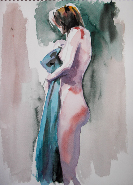 Female Nude, Standing In Profile, Embracing A Blue Cloth, Looking Back