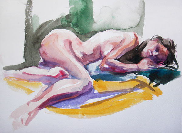 Tatiana, Reclining On Her Stomach, On A Yellow Cloth And Blue Pillow