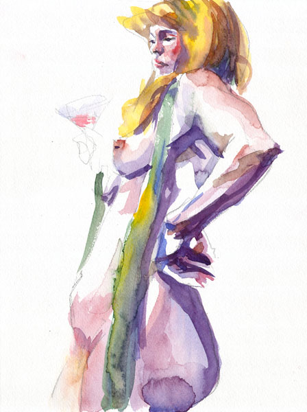 Jenny, Standing In Profile, Wearing a Greenish-Yellow Scarf, Holding A Martini Glass In Right Hand, With Left Hand On Her Hip