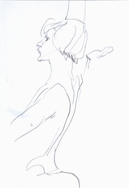 Megan, In Profile, Standing In a Ballet Pose, With Her Right Arm Raised