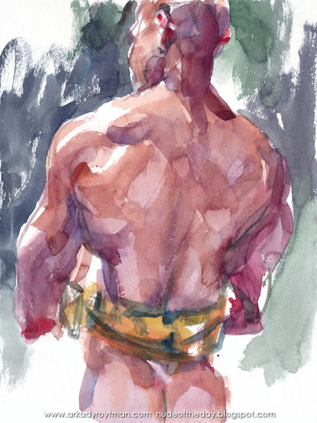 Male Nude (Ike), Standing In Reverse, Holding A Yellow Cloth Around His Waist