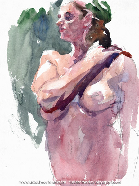 Standing Female Nude, Wearing A Green Bandanna, Her Right Hand Resting On Her Left Shoulder