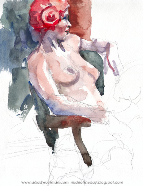 Female Nude, In Profile, Seated In A Chair, Wearing A Red Wig