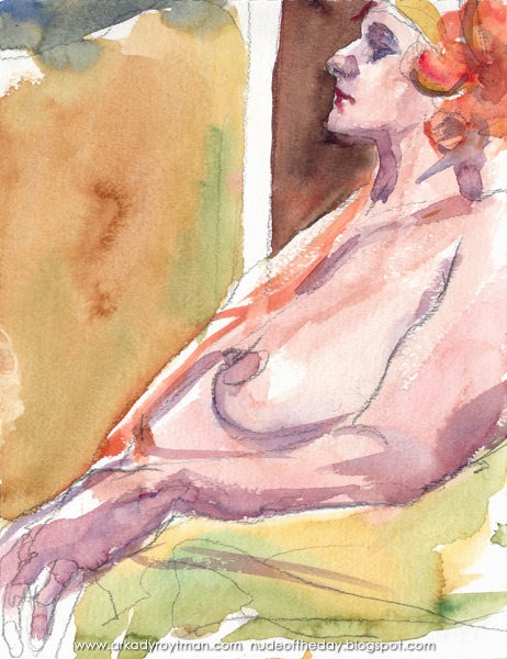 Darlinda With Red Curls, Seated In Profile, Her Left Arm Resting On An Chair Arm Draped With Yellow Cloth
