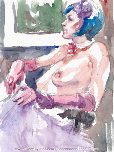 Gigi In A Blue Wig, Seated In Profile, Wearing Pink Gloves