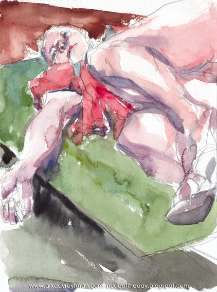 Female Nude, Draped In A Red Cloth, Reclining On A Green Carpet