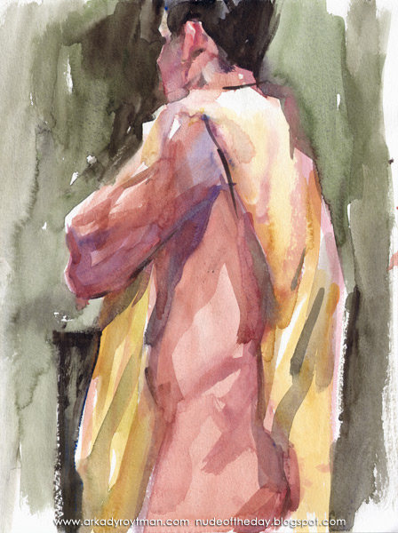 Male Nude, Standing In Profile, A Yellow Cloth Draped Over His Left Shoulder