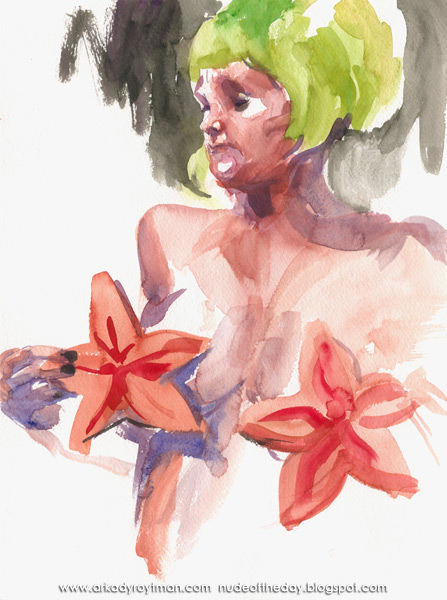 Bambi In A Neon-Green Wig, Covering Herself Up With Starfish