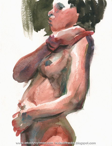 Female Nude, Standing In Profile, Embracing Herself