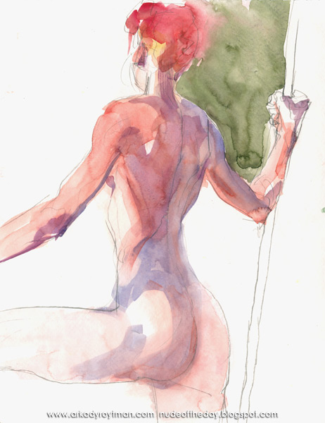 Female Nude Holding A Stick, Standing In Profile And Reverse, Her Left Leg Raised