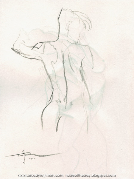 Female Nude, Standing In Reverse, Her Left Arm Raised, Looking Right