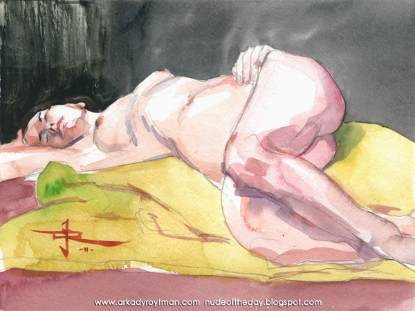 Samantha, Reclining On Her Right Side, On A Yellow Cloth