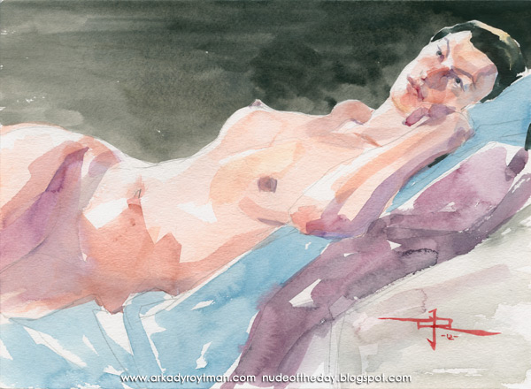 Sarah, Reclining On A Blue Cloth, Twisting Her Hips To Her Left Side