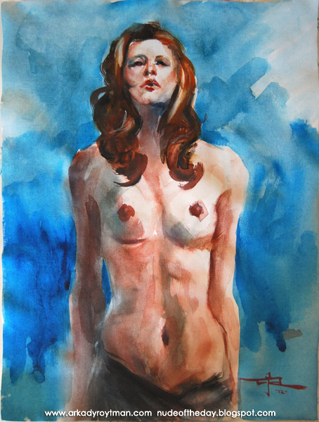 Female Nude, Standing With Her Arms At Her Sides, Looking Up