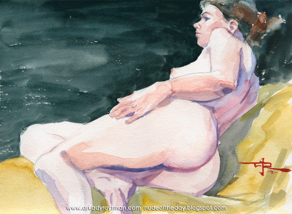 Samantha, In Reverse, Reclining On A Yellow Cloth