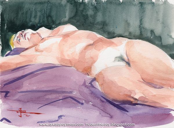 Emilie, Reclining On A Violet Cloth, Her Hands Behind Her Head