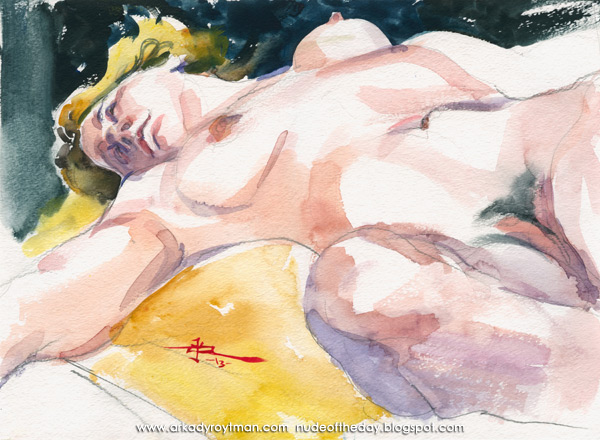 Female Nude, Reclining On A Yellow Cloth, Her Right Arm Extended