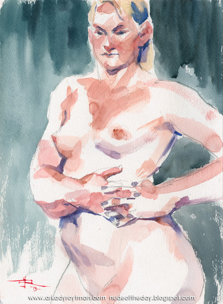 Female Nude, Standing In Semi-Profile, Her Hands Interlocked, Resting On Her Left Hip